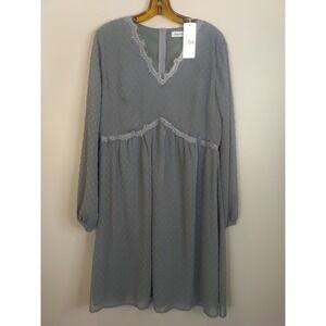 Jasambac Women Grey Polka Dot Textured Lined Eyelash Lace Trim Dress Size L